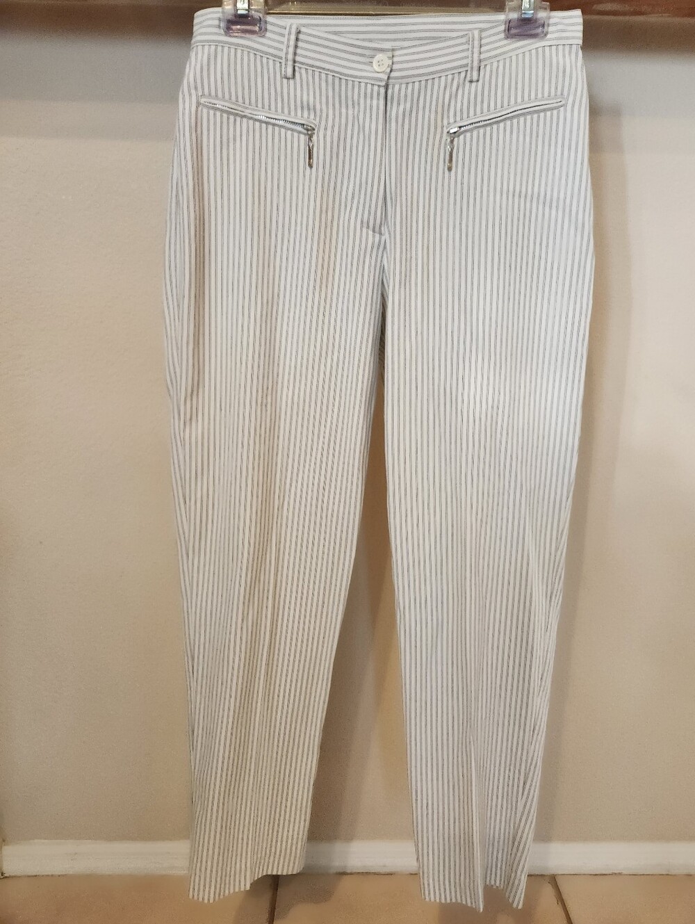Bebe Moda Brand White and Black Pinstriped Pants With Zipper Pockets